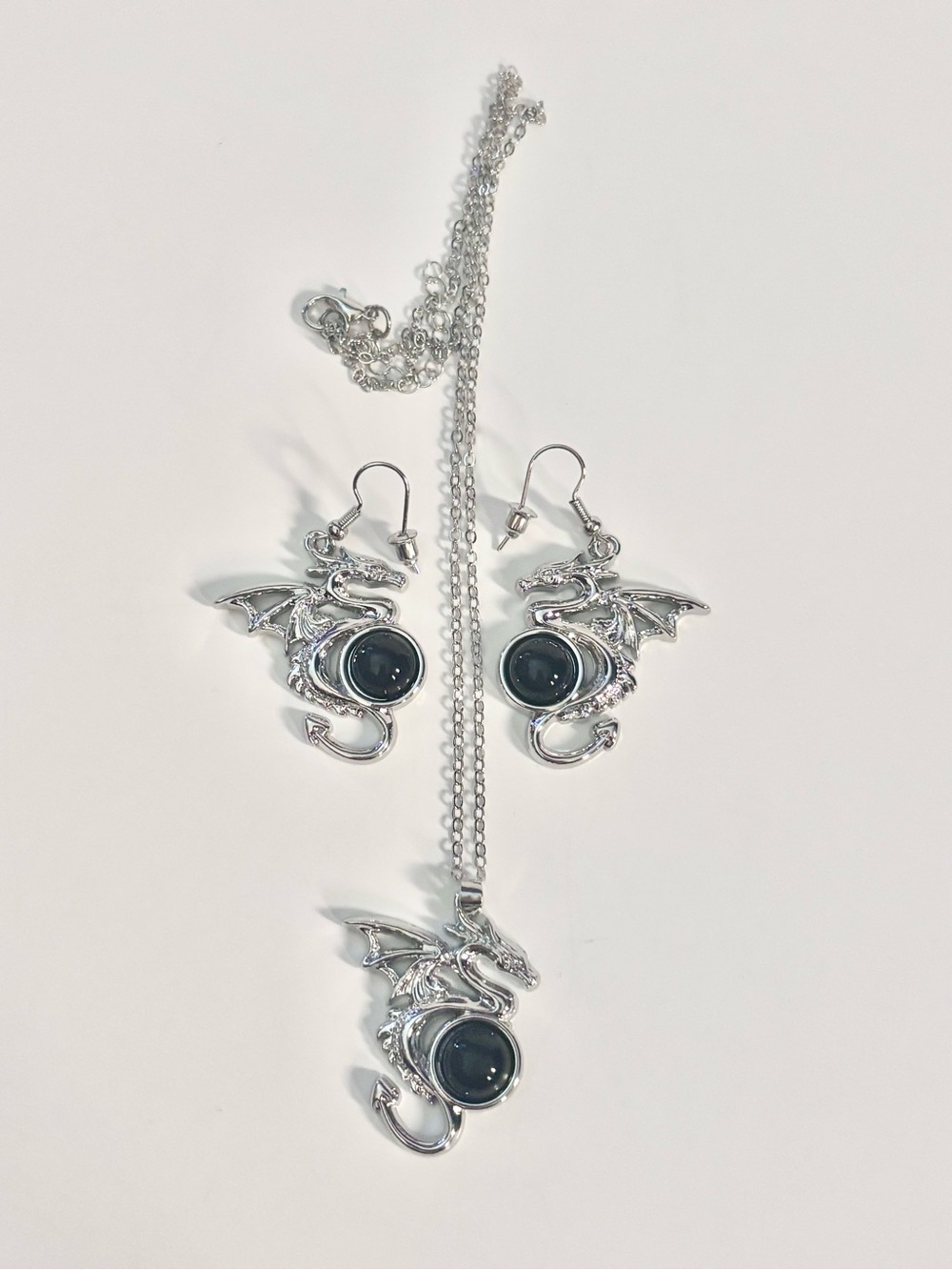 Stainless Steel Dragon Pendant & Earrings Set with Black Stone